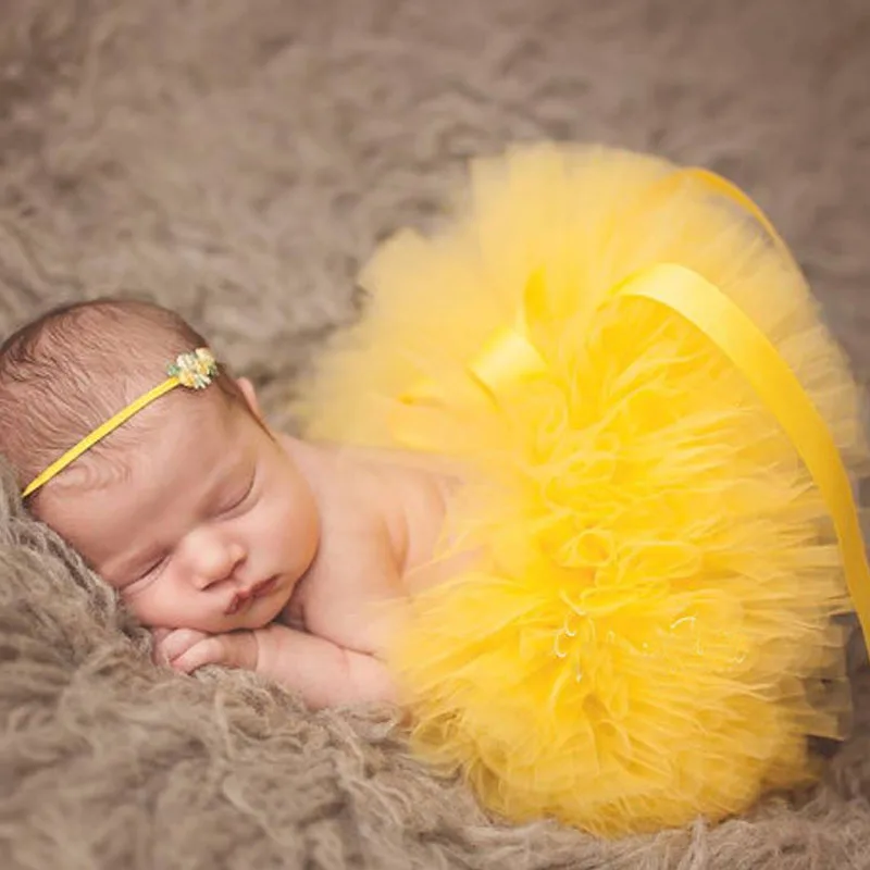 Cute Girls Yellow Fluffy Tutu Skirts Infant Toddler Fluffy Layers Tulle Pettiskirts with Ribbon Bow+Headband Kids Ballet Tutus