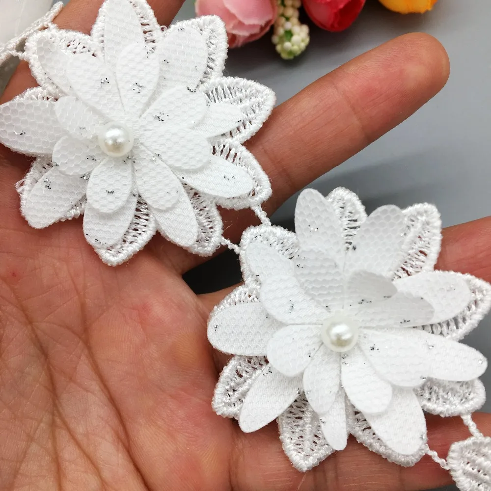 20Pcs 3D White Multi-layer Rose Flower Pearl Lace Trim Embroidered Ribbon French Fabric Sewing Craft DIY For Costume Decoration