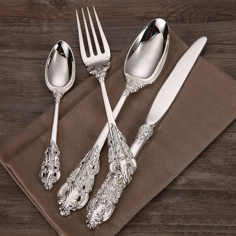 4-24pcs Luxury Wedding  Silverware set Silver Plated Dinnerware Dinner Knife Fork Spoon Teaspoon Retro Cutlery Kitchen Tableware