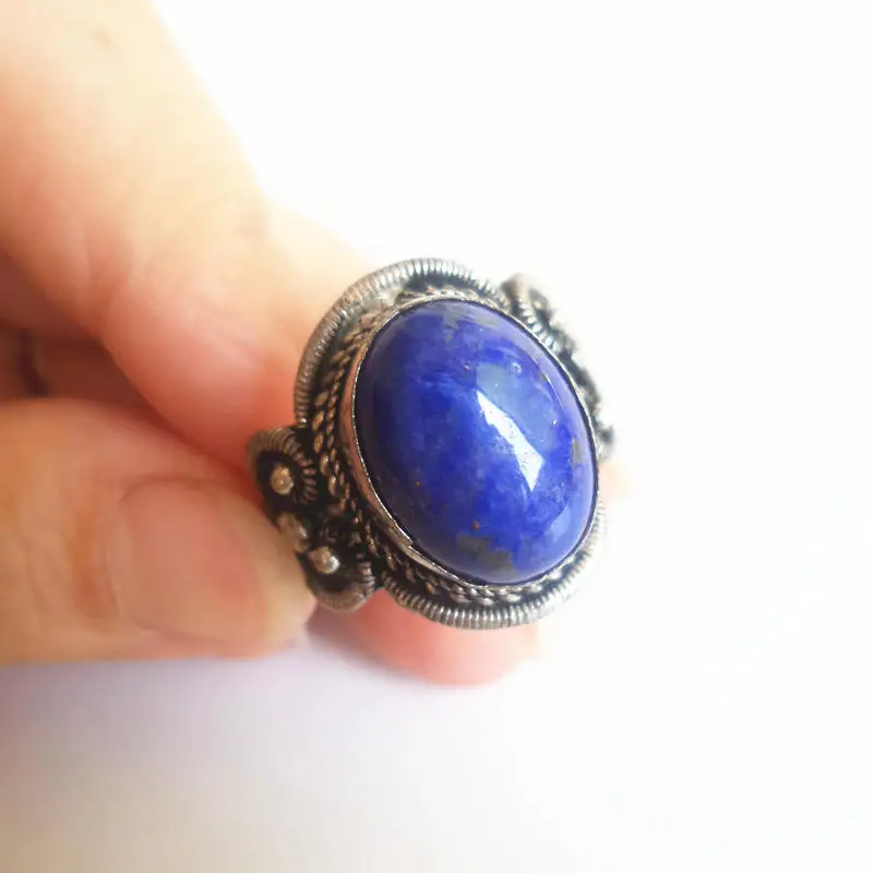 R226 Nepal Hand Jewelry Copper Inlaid Natural Lapis Lazuli Tiger Eye Vintage Rings Open Big Size for Man