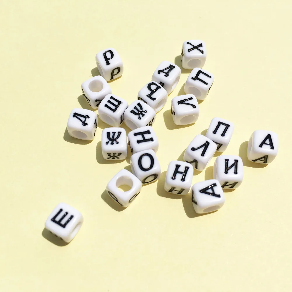 Wholesale 6*6MM 3000PCs White with Black Letters Cube Russian Alphabet Jewelry Beads Big Hole Square Initial Plastic Beads