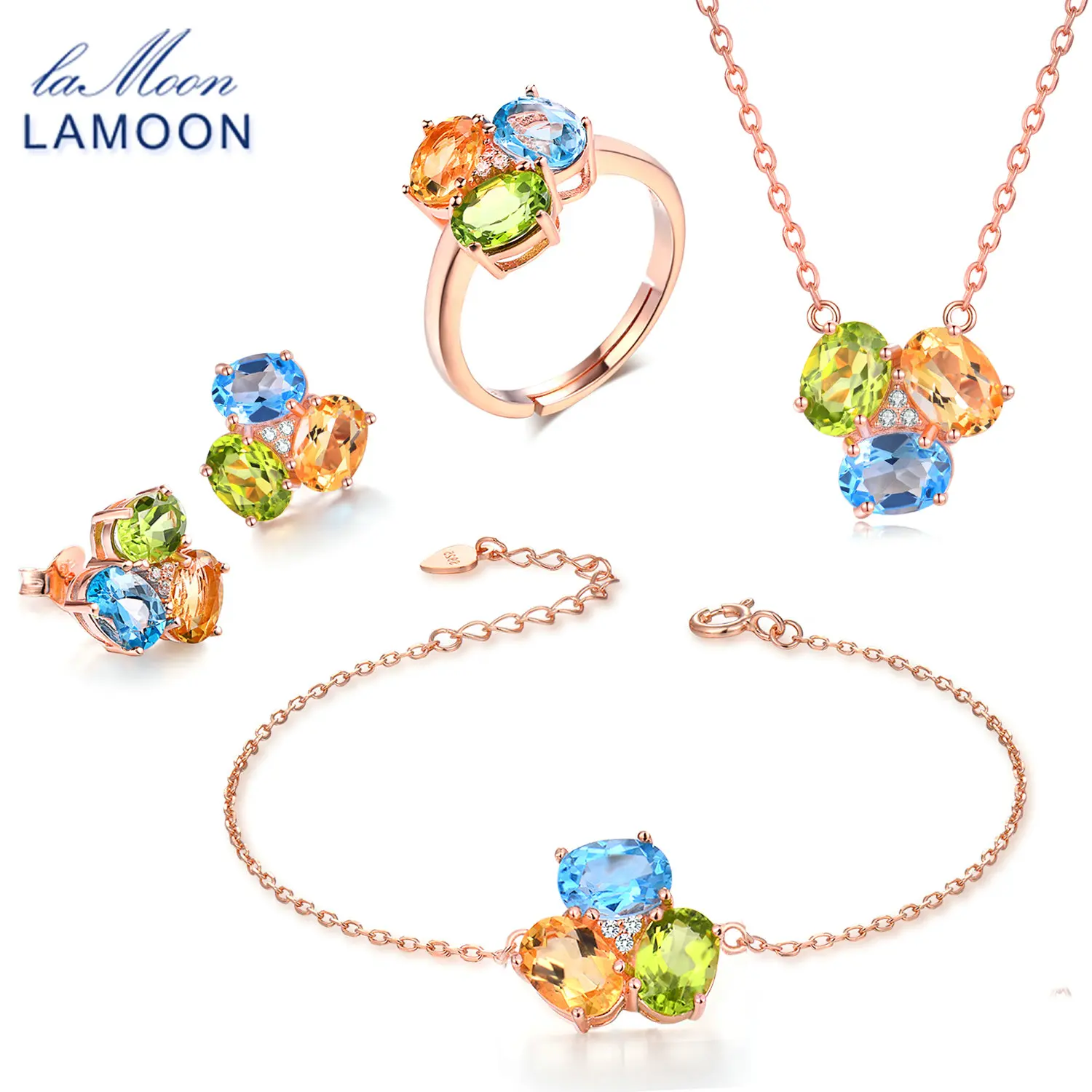 

LAMOON 3ct Oval Natural Yellow Citrine Green Peridot Blue Topaz S925 Sterling Silver Jewelry Sets for Women Fine Jewelry V003-1