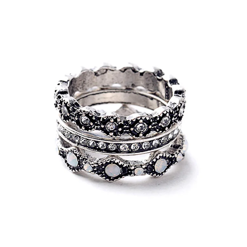 Trio Band Rings for Women Rhinestone Vintage Retro Alloy Metal Cross Stone Size 6 6.5 Jewelry 3 pieces