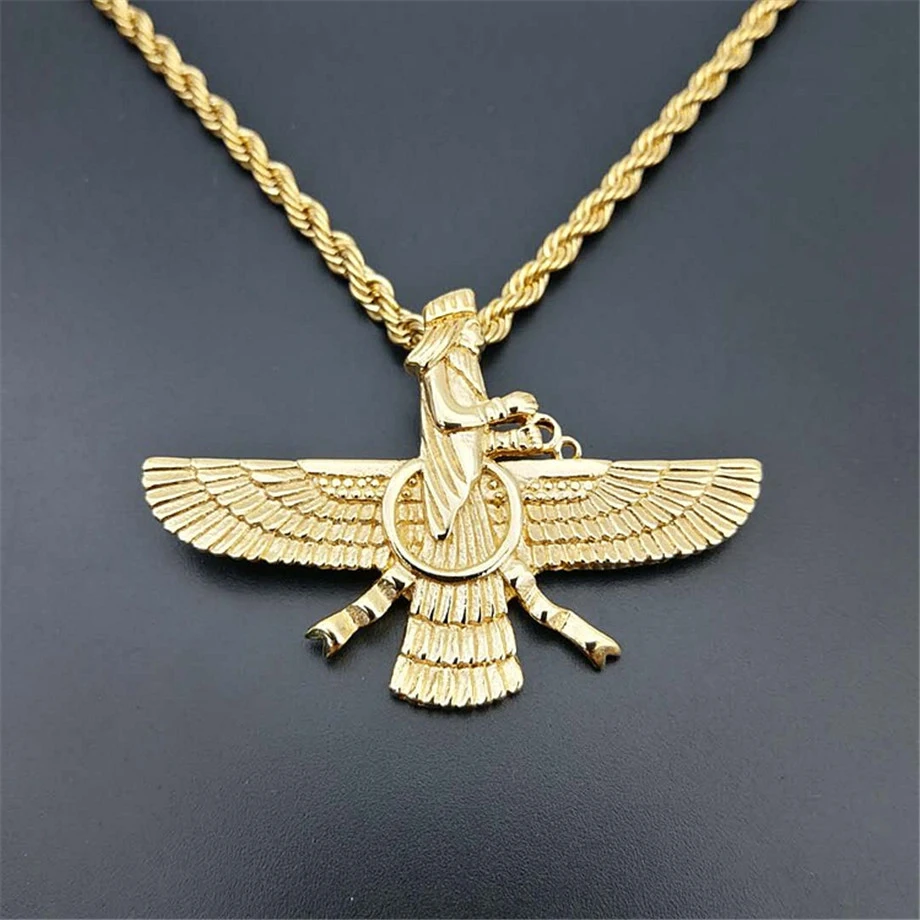جديد الرجال الهيب هوب إيران Faravahar Ahura مازدا Zoroastrian عُقد ذهبي بدلاية اللون الفولاذ المقاوم للصدأ الرجال المجوهرات