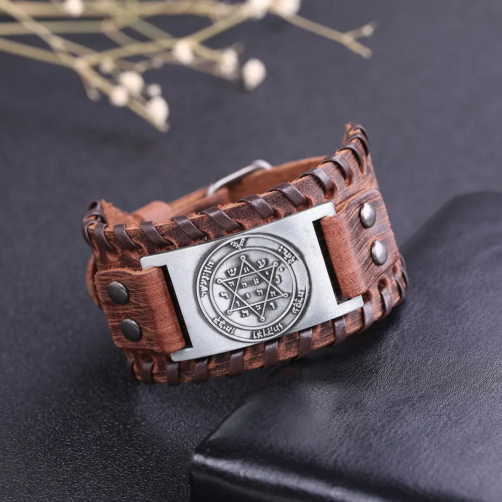 LIKGREAT Vintage Solomon Star of David Hexagram Charm Bracelets Men Wide Leather Bracelet Vintage Tantrism Amulet Jewelry Gifts