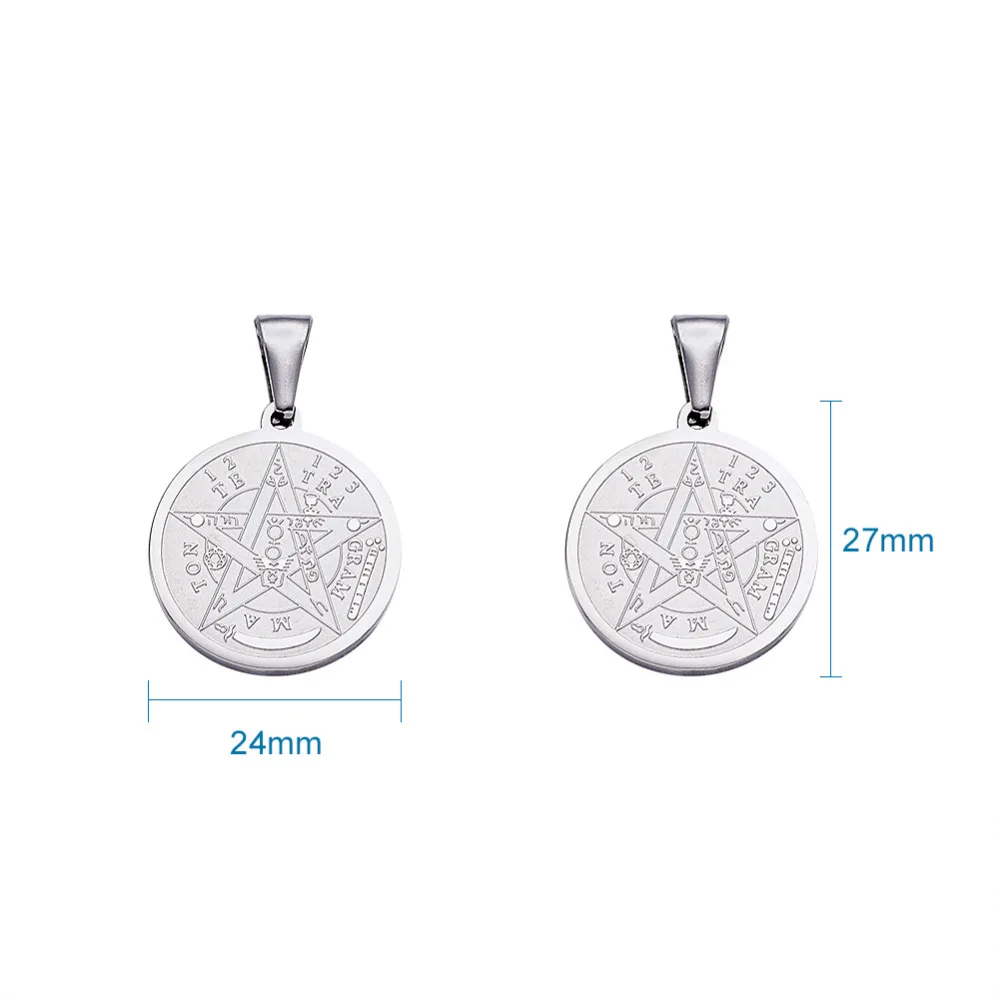 10pcs Religion Stainless Steel Charms Flat Round Carved Tetragrammaton Pentagram Wiccan Necklace Pendants DIY Jewelry Finding