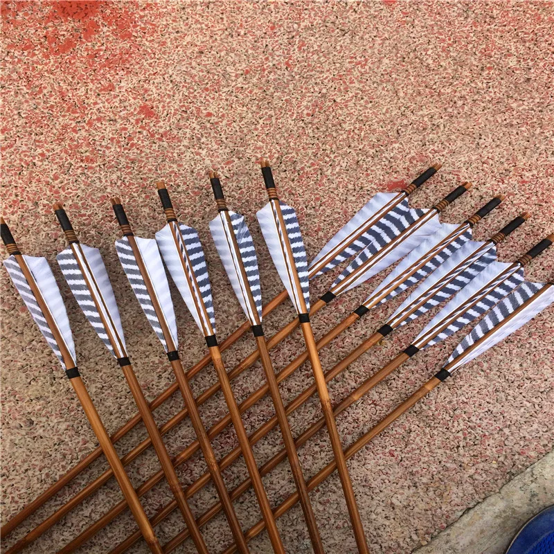 12PK China Traditional Gray Feathers Self Nock Bamboo Arrows For Longbow