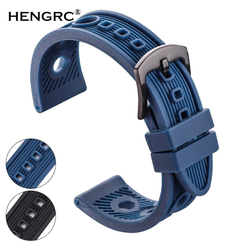 22mm Rubber Watchband Strap Men Soft Diving Black Blue Sport Watch Band Bracelet Metal Pin Buckle Watch Accessories