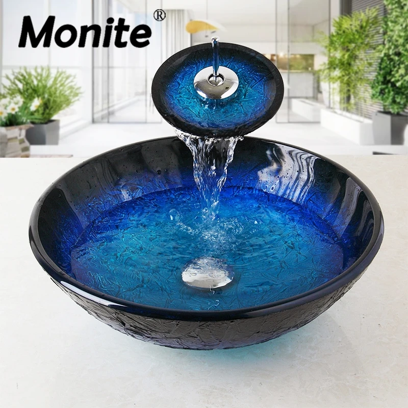 Monite Bule Kitchen Single Handles Tap Bathroom Sink Washbasin Tempered Glass Lavatory Bath Sink Set Mixer Faucet