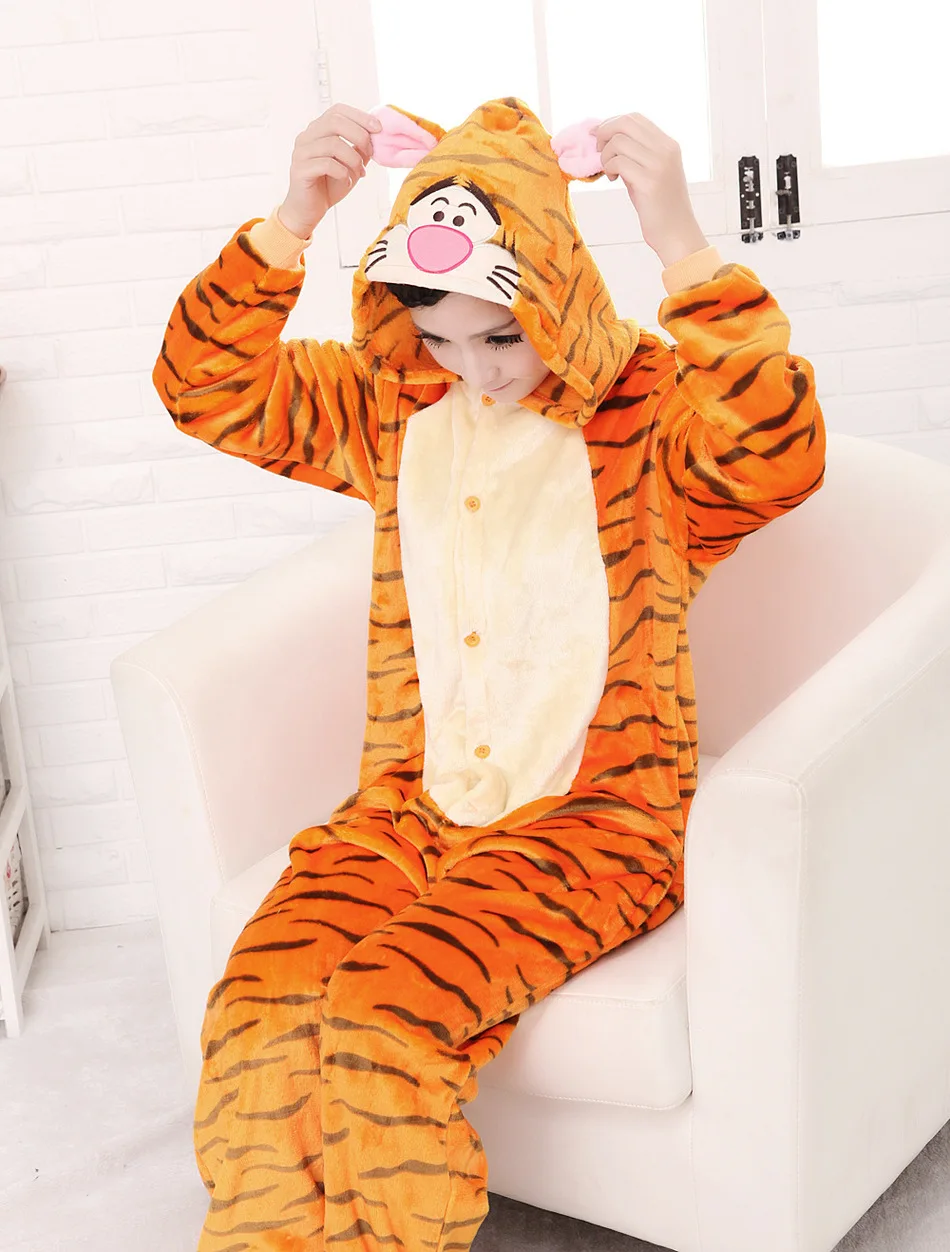 Women and Men Pyjamas Tiger Onesies Adults Tigger Flannel Pajamas Animal Costumes Adult Cute Cartoon Animal Sleepwear Cosplay