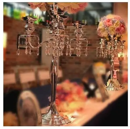 Hot sell Unique 75 cm gold color candelabra 5-arms metal candle holder, silver plated candle stick with flower bowl for decora