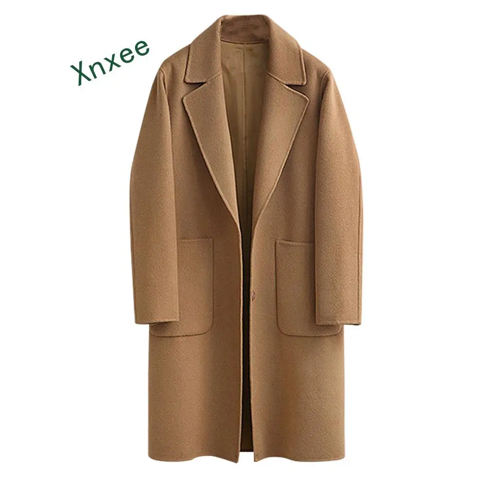 

Xnxee Design Black Camel Wool Coat Women Thick Warm Vintage Turn-down Collar Jacket Blend Long Sleeve Lapel Button Coats