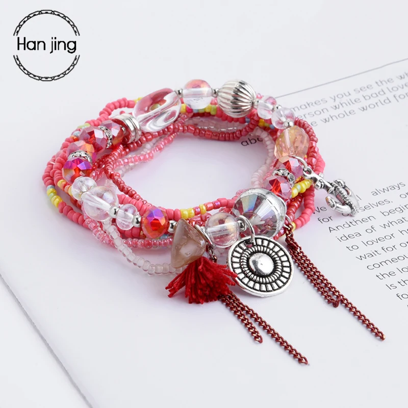 Hanjing  Fashion Gold Color Beads Pearl Star Multilayer crystal charm Beaded Bracelets Set for Women Charm Party Jewelry Gift