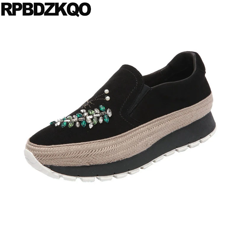 Hemp Elevator Crystal Handmade Rope Designer Shoes Women Luxury 2021 Genuine Leather Black Muffin Rhinestone Diamond Creepers