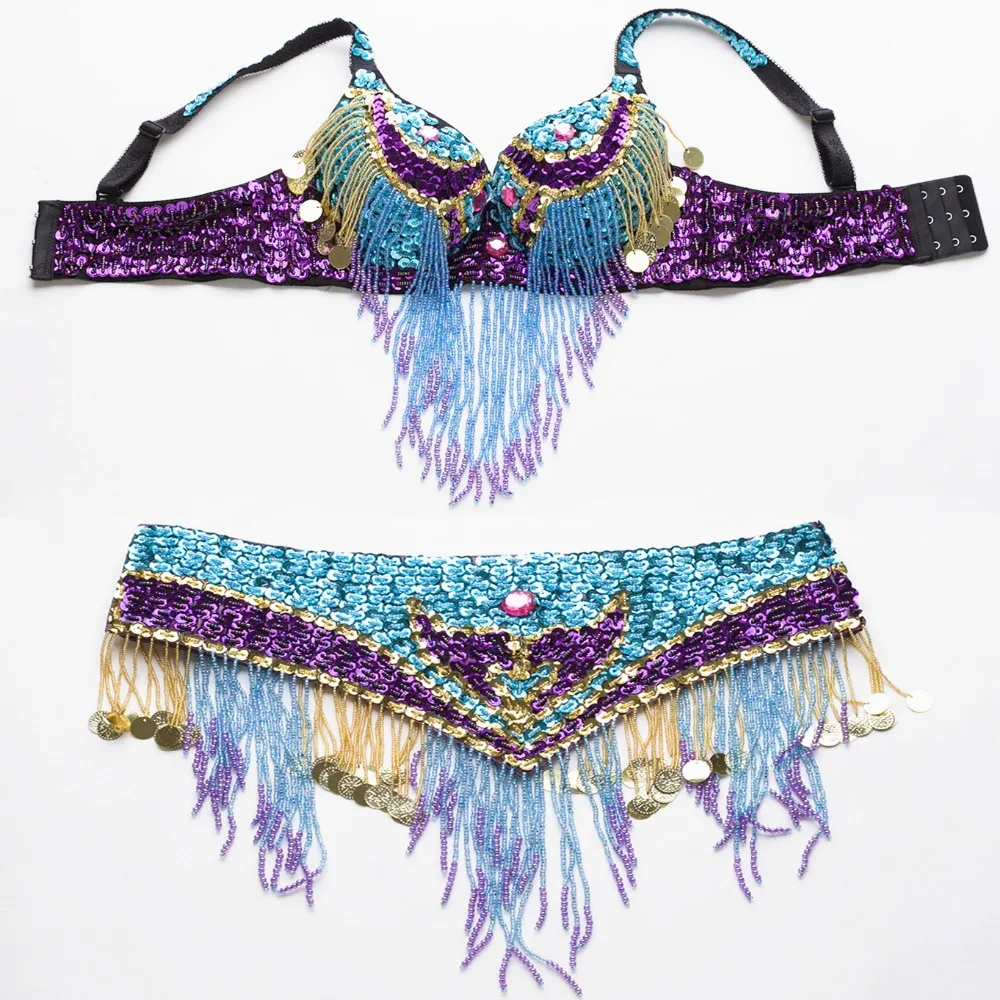 Size S-XL Performance Women Dancewear Professional 3pcs Outfit Bra Belt Skirt Long Oriental Beaded Belly Dance Costume