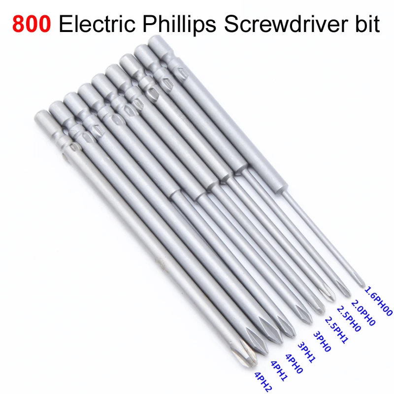 9PCS 800 Electric Screwdriver bits 80mm Length 4mm Round Shank Magnetic Phillips Cross Screwdriver Bits Tool PH00 PH0 PH1 PH2