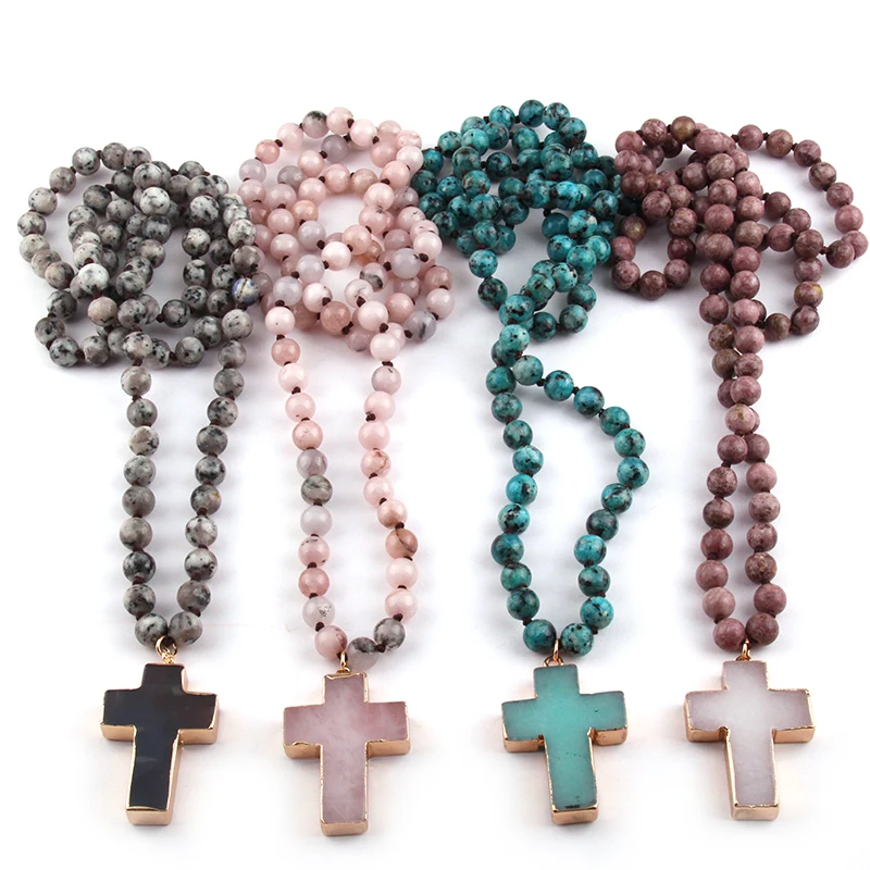 Fashion Bohemian Tribal Jewelry Stone long Knotted Stone Cross Pendant Necklaces Women Ethnic Necklace