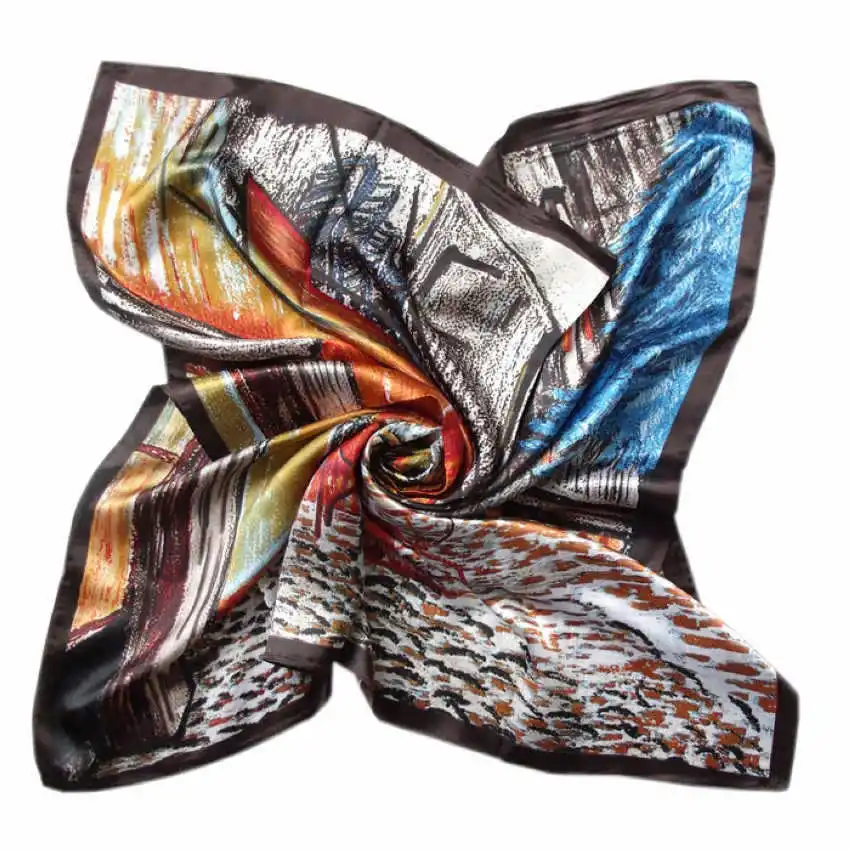 Spring Autumn Female Silk Square Scarf Shawl China Style Polyester Satin Hijabs Scarves Women Silk Scarves Coffee 90*90cm