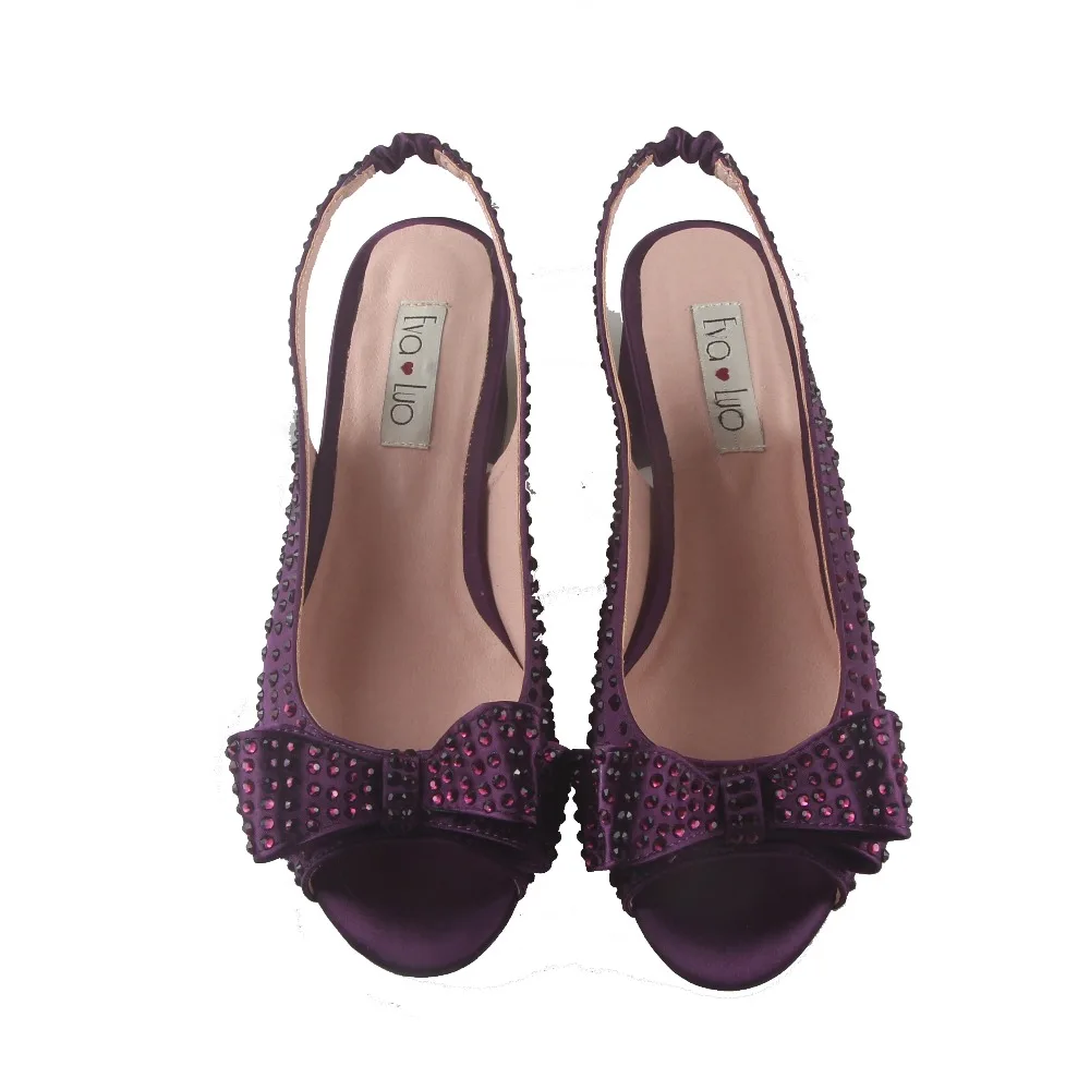 BS1044 Custom Made Different Heel Height Bow Bridal Wedding Shoes Purple Crystal Shoes With Matching Bag Set