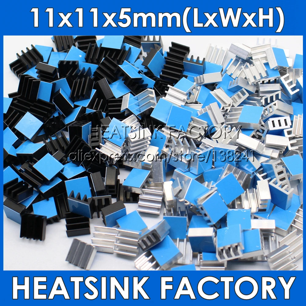 11x11x5mm Silver / Black Anodized Aluminum Cooling Heat Sink Cooler With Thermal Double Sided Tape Heat Dissipation Radiator