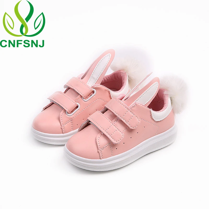 CNFSNJ PU Leather Rabbit Earring Children Shoes Girls Shoes Fashion Princess Sneaker Princess Kids Soft Sole Leather Flats white