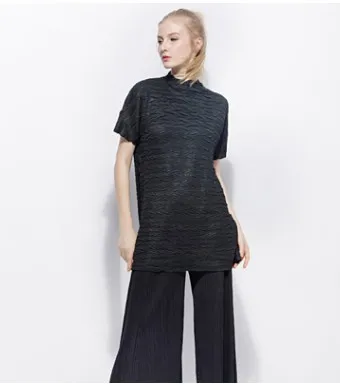 HOT SELLING Miyake fold New patterned frill short-sleeved long T-shirt pure color IN STOCK