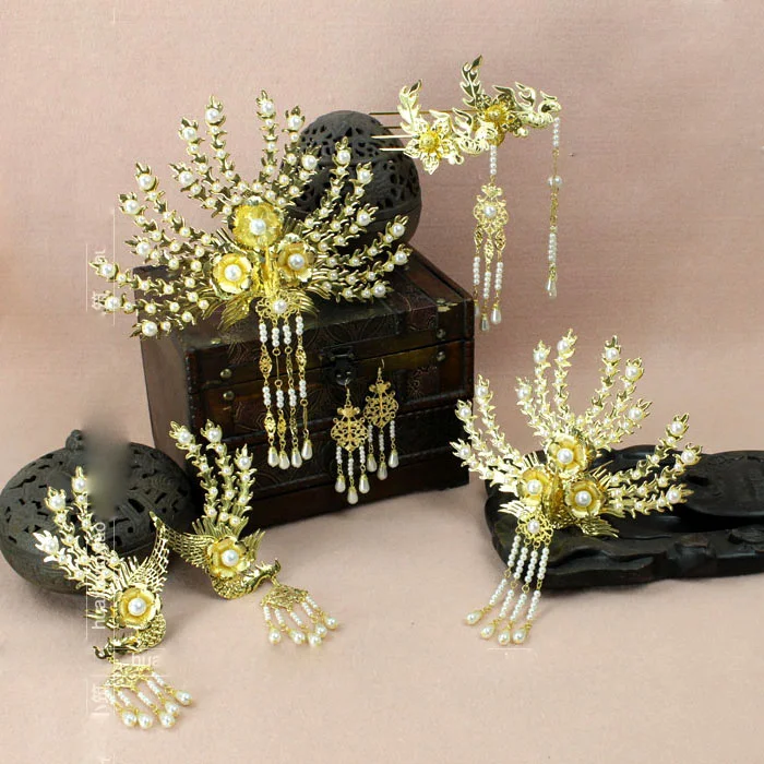 

7 Colors 2 Sizes Gold Phoenix Tiara Vintage Tang Dynasty Princess Empress Hair Tiara Hair Accessory Set Fan Bingbing Design