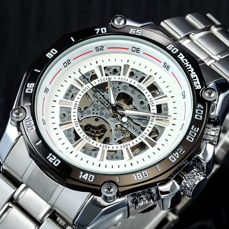 2023 Winner Brand Mens Watches Mechanical Full Steel Skeleton Shock Resistant Self-winding Man Automatic Watch Relogio Masculino