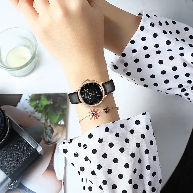 Fantor Brand Woman Luxury Watch Fashion Elegant Ladies Chronograph Quartz Wristwatch Women Leather Wrist Watch Black