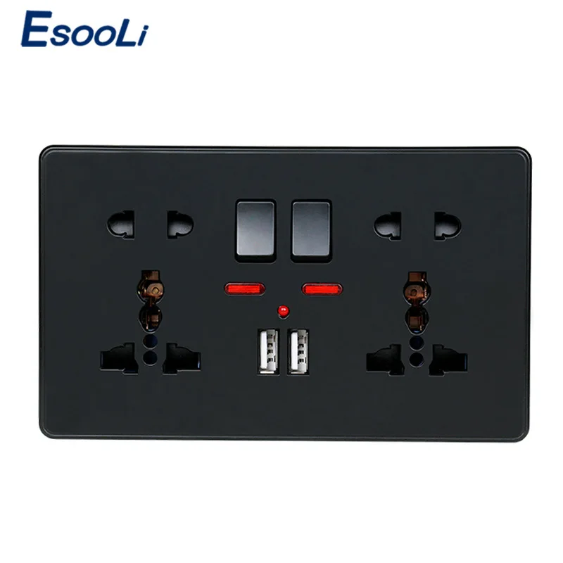 Esooli Wall Power Socket Double Universal 5 Hole Switched Outlet With Neon 2.1A Dual USB Charger Port LED indicator Black