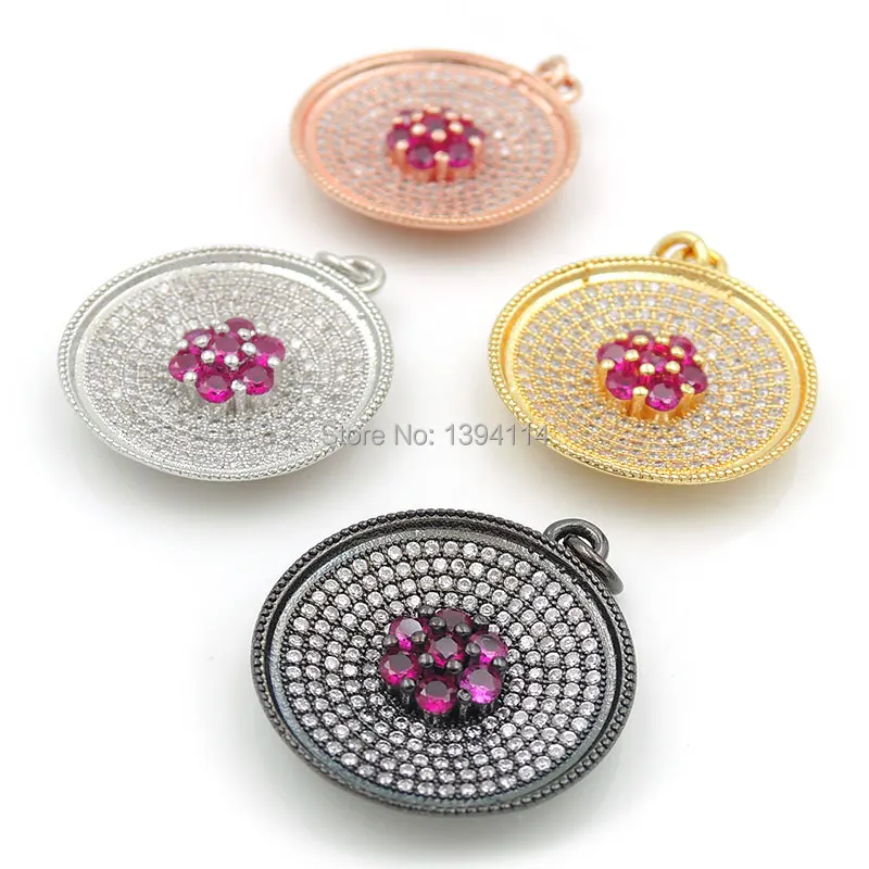 26*24*4mm Micro Pave Clear&Red CZ Round Charm Of Concave Surface Fit For Making Bracelets Or Necklaces Jewelry