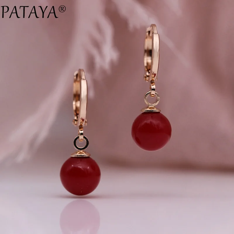 PATAYA New 585 Rose Gold Color Round Red Shell Pearl Dangle Earrings Women Wedding Fashion Jewelry Long Earring Cute Accessories