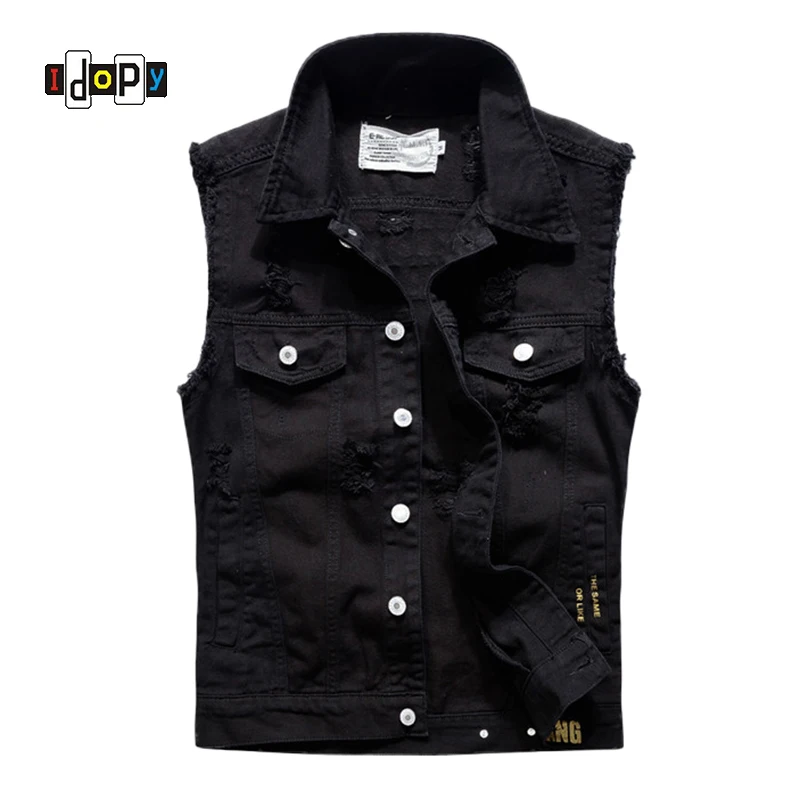 Idopy Fashion Ripped Denim Vest Letter Printed Distressed Slim Fit Jean Jacket Male Sleeveless Waistcoat For Men