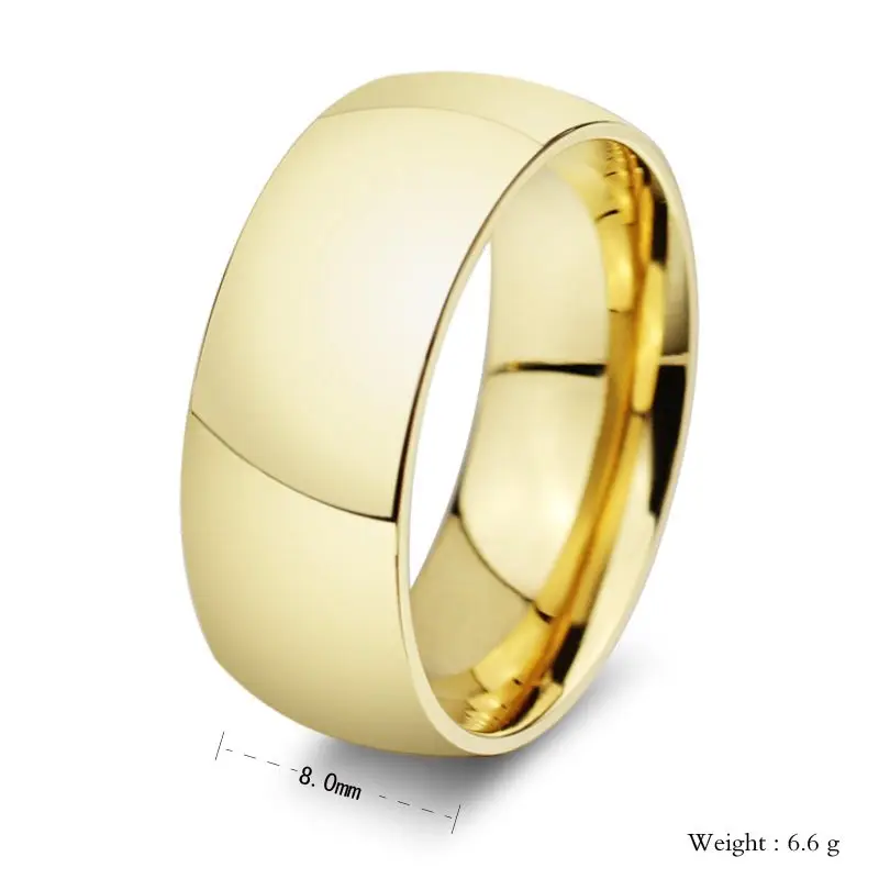 QianBei Trendy 8MM Stainless Steel Couple Ring Golden Wedding Solid Engagement Ring for Men Women Gifts Size 7-11