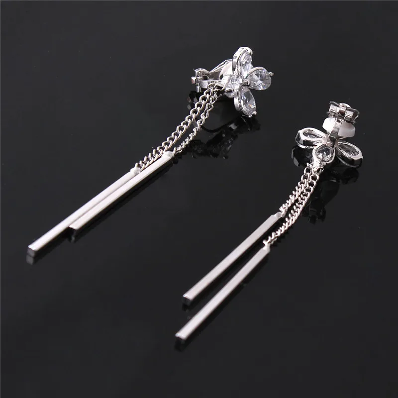 Grace Jun 2 Colors Choose Clover Flower AAA CZ Long Tassel Clip on Earrings No Pierced for Girl Party Charm Ear Clip  Bijouterie