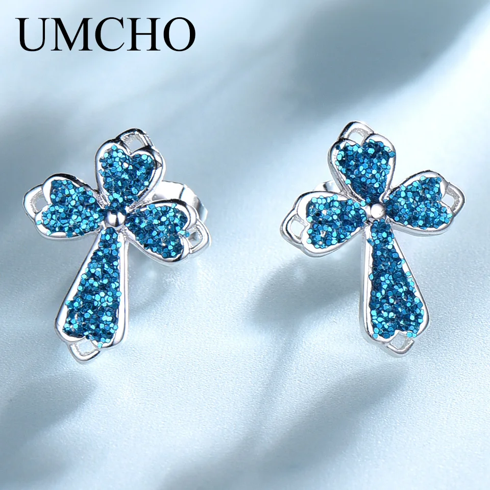 UMCHO Blue Sequins Clover Silver 925 Stud Earrings for Women Party Wedding Accessories Jewelry