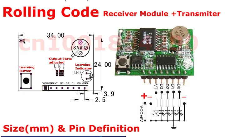 RF Rolling Code Decoding Receiver Module + 2 Transmitters  DC 5V 4CH TTL Output Learning Momentary Toggle Latched RX TX 315/433