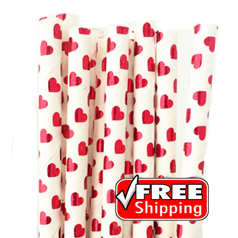 

200 Pcs Metallic Red Foil Heart Paper Straws Bulk-Shiny Bridal Shower Anniversary Valentine's Day Party Drinking Paper Straws