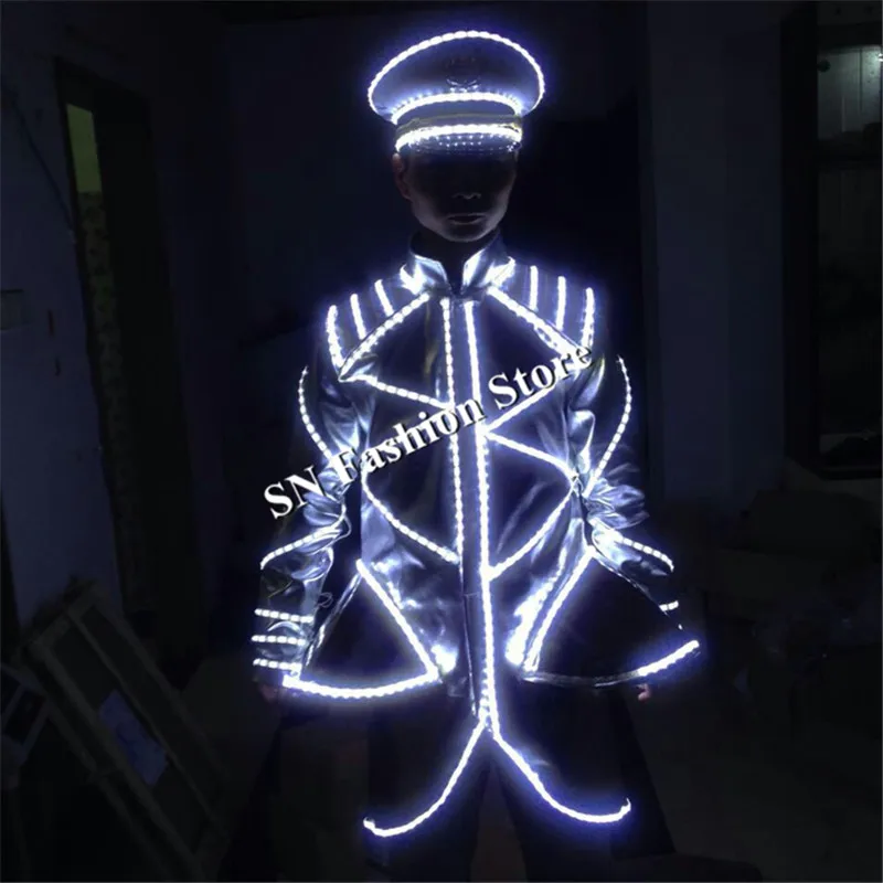 LZ40 Ballroom dance led light costumes luminous glowing led hat mens suit robot club jacket performance wears clothing dj stage