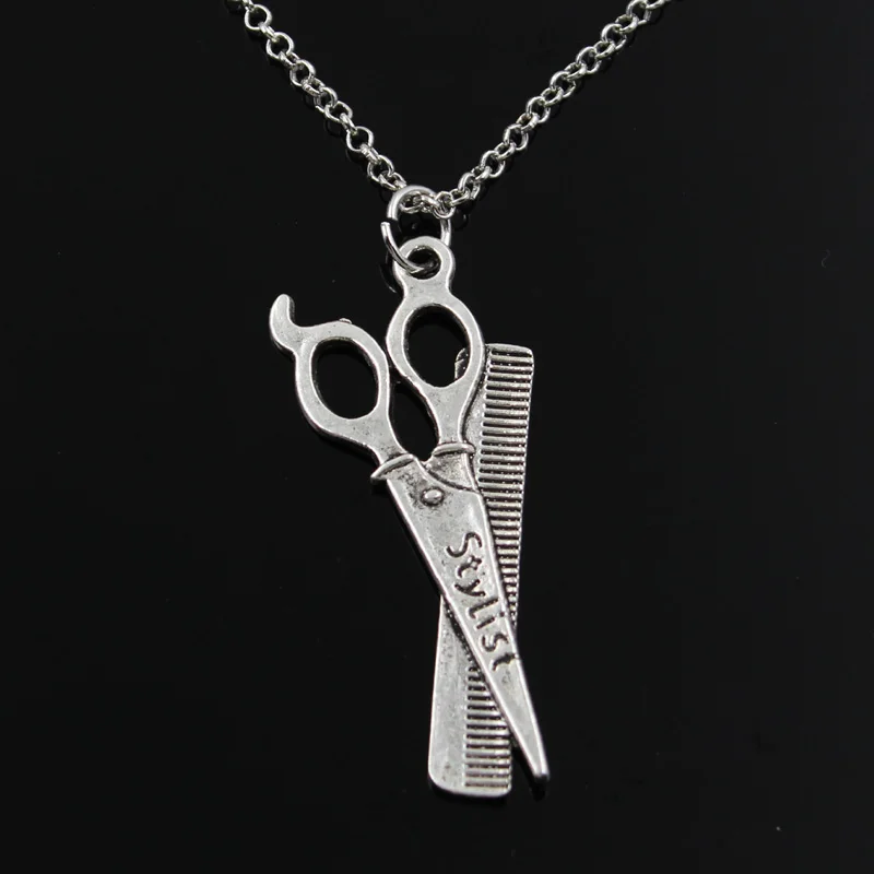 New Fashion Barber Scissor Comb Stylist Pendants Round Cross Chain Short Long Mens Womens Silver Color  Necklace Jewelry Gift