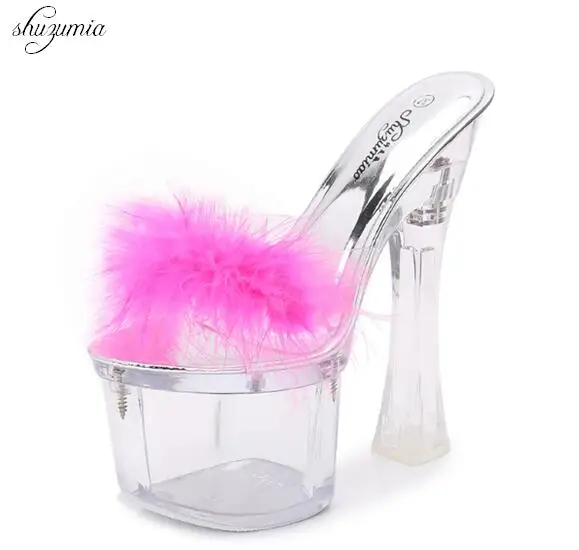 3 Color 2022 Feather Shoes Woman Platform Slippers Summer Sandals Slides Wedding shoe Nightclub Sexy 17.5cm High-heeled Shoes