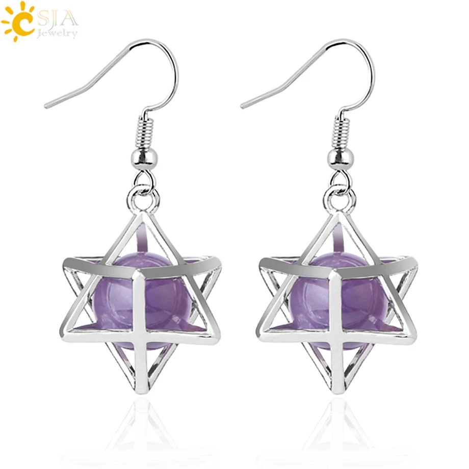 CSJA Natural Stone Hexagram Earrings Merkaba Hollow Star Purple Crystal Round Bead Drop Earring Reiki Fashion Women Jewelry F878