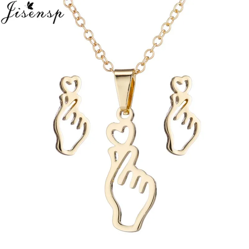 Jisensp Korean Style Fashion Finger Heart Gesture Stainless Steel Jewelry Sets Lovely Gesture Necklace Earrings for Women