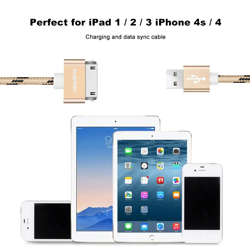 SUPTEC USB Cable Fast Charging for iPhone 4S 4 iPad 1 2 3 iPod Nano iTouch Nylon Braided 30 Pin Charger Cable Data Cord