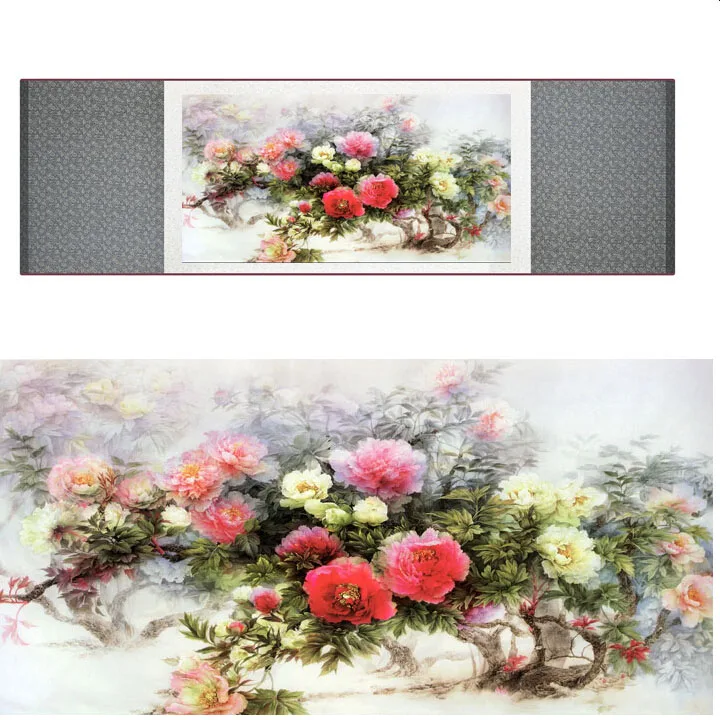 Peony flower Chinese traditional art painting birds in the water silk scroll painting Chinese Wash paintingPrinted painting