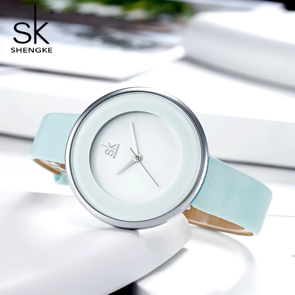 SHENGKE New Skyblue Leather Strap Buckle Women Watches 38 MM Big Top Brand Simple Dial Quartz Luxury Ladies Watch Reloj Mujer