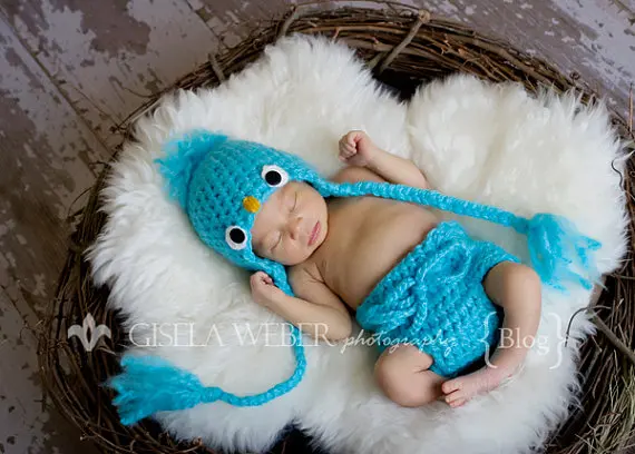 

free shipping,100% handmade Crochet baby girl Blue bird hat and diaper cover set photo prop Size Newborn-6 months