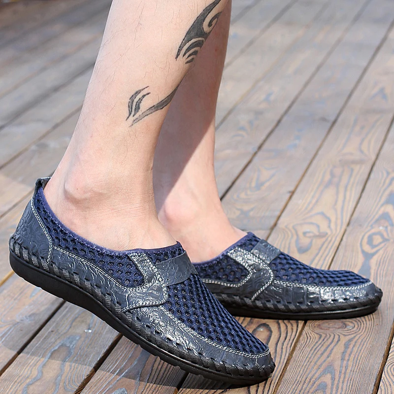 2019 Summer Breathable Mesh Shoes Mens Casual Shoes Genuine Leather Slip On Brand Fashion Summer Shoes Man Soft Comfortable