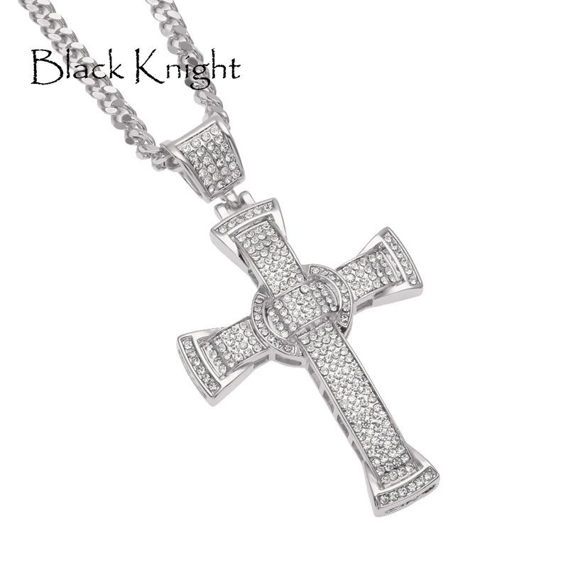 Black Knight mens hip hop iced cross pendant necklace Gold color zinc alloy Bling Bling full rhinestones cross necklace BKGM0066