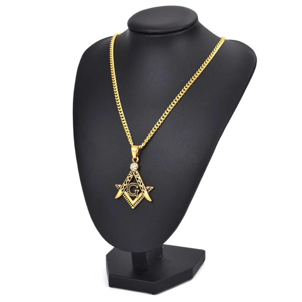 Vintage Masonic Symbol Necklaces Male Gold Color Stainless Steel Punk Fashion Freemason Mason Pendant With 20-27\